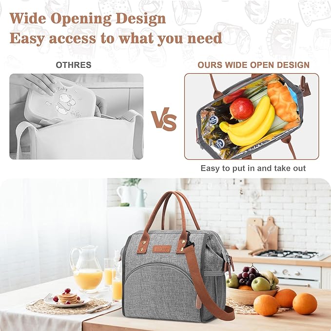 LOKASS Lunch Bag Insulated Lunch Box Wide-Open Lunch Tote Bag Large Drinks Holder Durable Nylon Snacks Organizer with Removable Shoulder Strap for Women Men Adults Work Outdoor,Grey