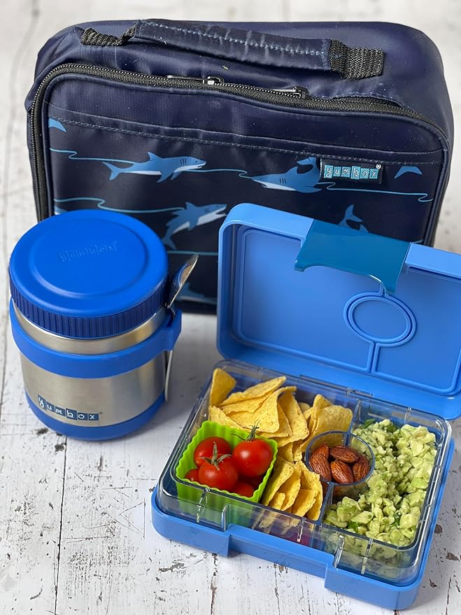 Yumbox Snack Box - 3 Compartment - Leakproof Bento Lunch Box for Kids (Surf Blue with Dinosaur Tray)