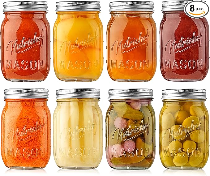NutriChef 8-Pack 16 oz Mason Jars with Lids - Thick Glass Canning Jars with Stainless Steel Lids - Ideal for DIY Spices, Meal Prep, Overnight Oats, Jelly, Jam, Honey, Candles, Crafts, & More