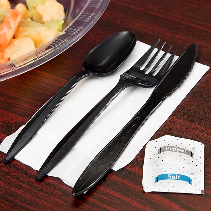 100 Pack Medium Weight Wrapped Black Plastic Cutlery Pack with Napkin and Salt/Pepper Packets (Black)