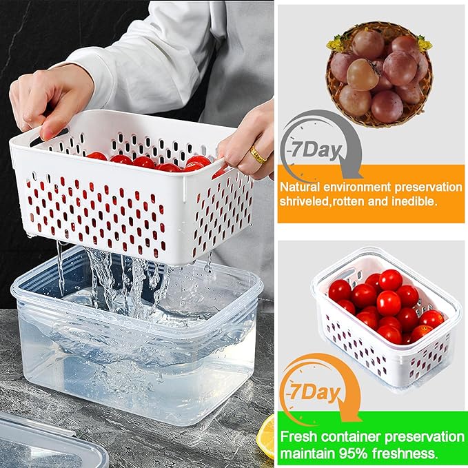 4 Pack Large Fruit Storage Containers for Fridge with vent holes and handle，Airtight Food Storage Containers Keep Fruits, Vegetables, Berry, Fresh longer,BPA-free Fridge Storage Container with Lid