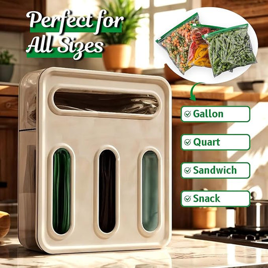 Food Storage Bag Organizer for Kitchen Drawer, 4-Slot, Wall-Mountable, Plastic Sandwich Bag Dispenser with Locking Lid Design