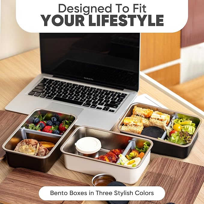 Leak Resistant Stainless Steel Bento Box For Adults|Stainless Steel Lunch Box for Adults |44Oz| BentoBox/Lunchbox| Lunch Container | Microwave Safe (Bottom container) |Bamboo Lid- Mocha Brown