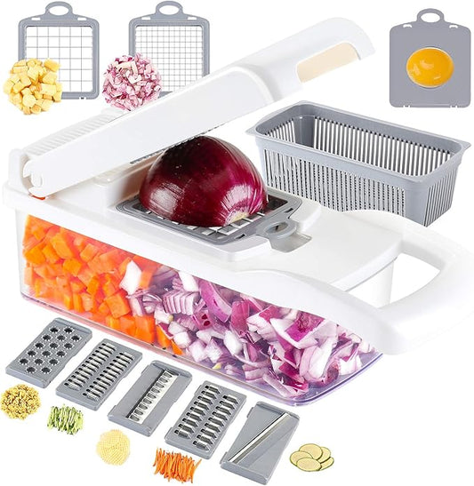 Ourokhome Vegetable Chopper Onion Cutter, 12 in 1 Professional Mandoline Slicer for Kitchen, Multifunctional Food Chopper for Potato, Tomato, Veggie with Strainer Basket, 8 Blades, White
