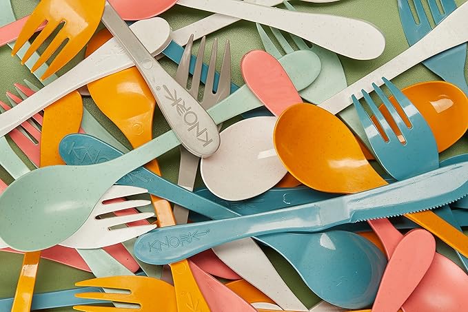 KNORK Eco 12 Piece (Fork, Knife, Spoon) Plant Based Cutlery Bamboo Reusable Flatware Set, (Mint, coral, white, gray)
