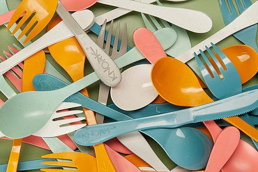 KNORK Eco 12 Piece (Fork, Knife, Spoon) Plant Based Cutlery Bamboo Reusable Flatware Set, (Mint, coral, white, gray)