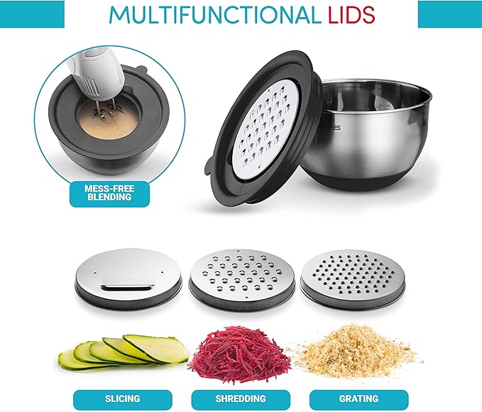 Mixing Bowls with Lids Set of 5 - Nesting Bowls with Airtight Lids and Graters - Stainless Steel Non-Slip Mixing Bowl for Baking, Food Storage and Prepping (Black)