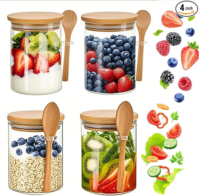 【Father’s Day Gift】4 Pack Glass Jar with Bamboo Lids, 18.5Oz Glass Containers with Airtight Bamboo Lid 100% Sealed overnight oats jars salad prep jars for Candy Coffee Beans Sugar Nuts Cookies