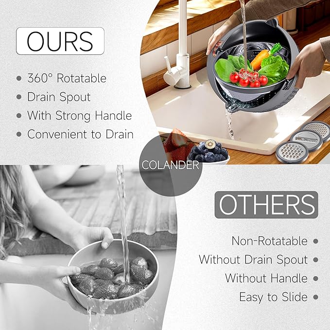 4-1 Colander with Bowl Set - Pasta Strainer - Colander for Kitchen - Strainers and Colanders Rice Strainer Fruit Cleaner Veggie Wash Sink Strainer Kitchen Essentials - Dark Grey