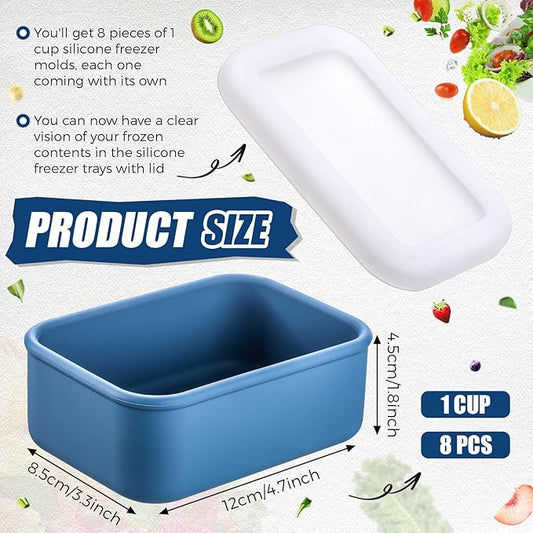 Nuogo 8 Pcs 1 Cup Silicone Freezer Trays with Lid Silicone Soup Molds Rectangle Soup Freezer Containers Reusable Food Preserving Tray Ice Trays for Soups Sauces Stews(Dark Blue)