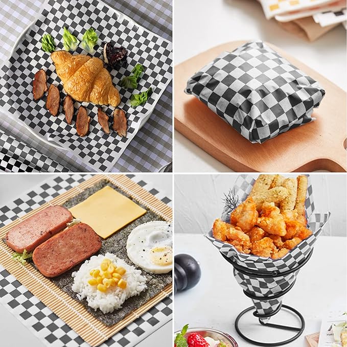 GeeRic Waxed Deli Paper Sheets 12 * 12 Inch, 200 Pcs Food Basket Liners for Sandwiches, Burgers, Checkered Deli Wrap Wax Paper Sheets Black