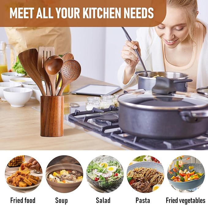 6 PCS Wooden Cooking Utensils Set, Wooden Spoons for Cooking, with Utensils Holder, Comfort Grip, Ideal for Nonstick Cookware