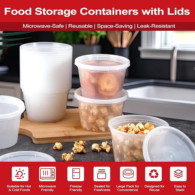 48 Sets Deli Containers with Lids,16oz Plastic Food Storage Containers,Leakproof Soup Container with Airtight Lids,Freezer Storage Container for Soup,Stackable,Dishwasher,Microwave Safe
