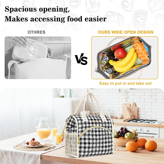 LOKASS Insulated Lunch Bag Women- Reusable 10 L Lunch Box for Women - Leakproof Tote Cooler Bag for Adults Work, Beach, Travel, Picnic （Black&White Diamond Grid）