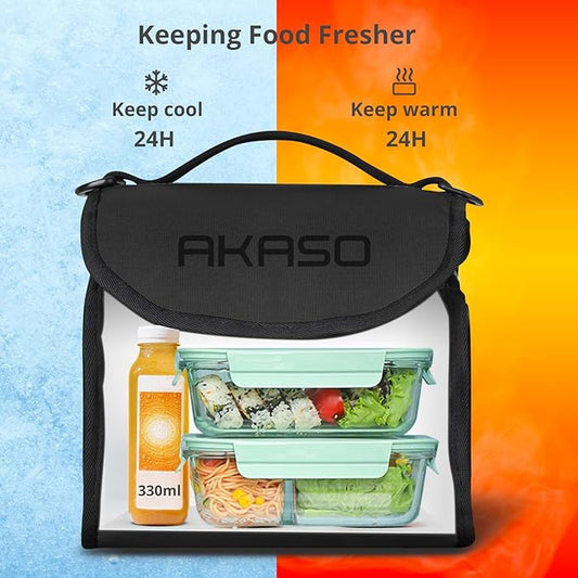 AKASO Insulated Cooler Lunch Bag Packable Lunch Box 12 Can Cooler Bag with Adjustable Shoulder Strap for Office Picnic, Black