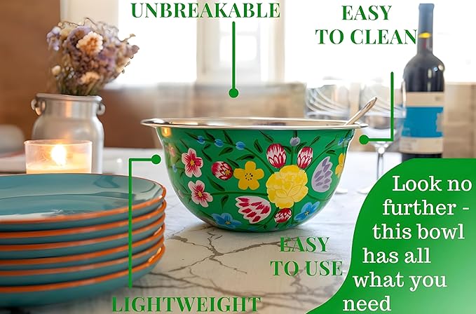 Large Hand Painted Stainless Steel Fruit Bowl - Decorative Floral for Salad Mixing and Serving - Traditional Kashmiri Art for Home Decor (Green.)