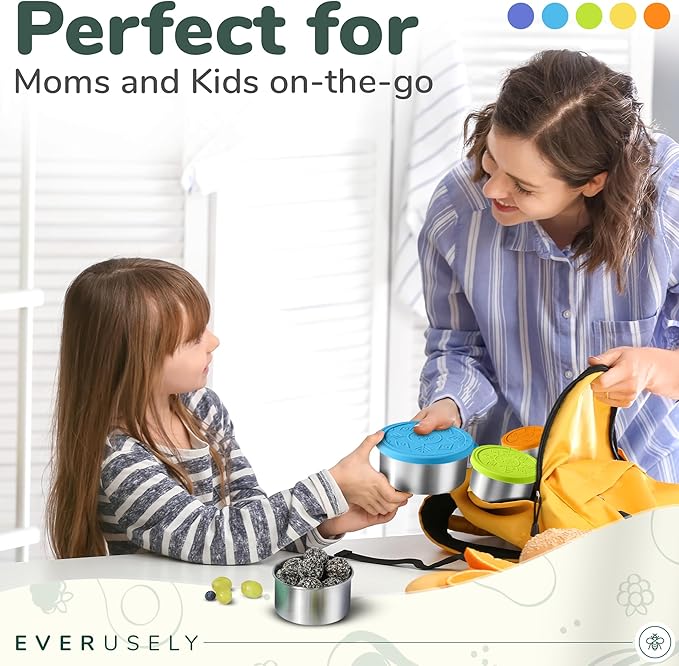 Everusely - Stainless Steel Containers with Lids - Set of 5, Summer Collection - Leakproof Stainless Steel Food Containers - Nesting Snack Holders - Metal Lunch Box - Portable & Reusable Meal Kit