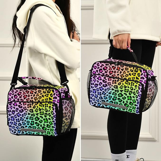 Pfrewn Lunch Box for Kids School Students Multicolor Leopard Rainbow Gradient Insulated Lunch Bag with Shoulder Strap for Office Adults Reusable Cooler Bags Lunch Tote for Girls Boys Teens