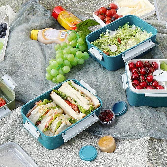 3 Pack Salad Lunch Box Food Storage Containers, 47oz Bento Box To Go Container with Lids, Meal Prep Containers with Removable Tray & Dressing Pots for Kids and Adults, Reusable and Microwave Safe
