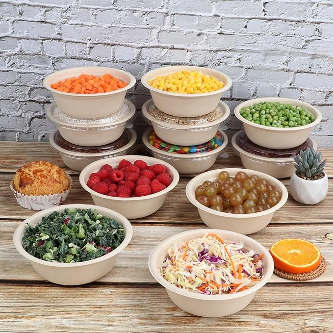 16 oz Round Disposable salad bowls with lids, Sugarcane Fiber Paper Bowls take away food containers Plant Fibers Freezer Safe 50 Pack