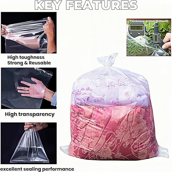 Reusable Extra Large Clear 3.94mil Plastic Bags 23.6x35.4 inch 5 Pieces Flat Open Storage Packaging for Dustproof Clothes Car Seat Luggage Suitcase Food Bulk Pack for Traveling Moving