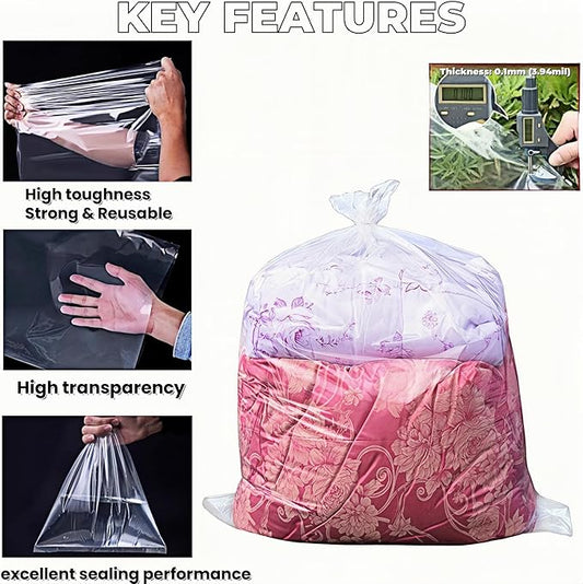 Reusable Extra Large Clear 3.94mil Plastic Bags 23.6x35.4 inch 5 Pieces Flat Open Storage Packaging for Dustproof Clothes Car Seat Luggage Suitcase Food Bulk Pack for Traveling Moving