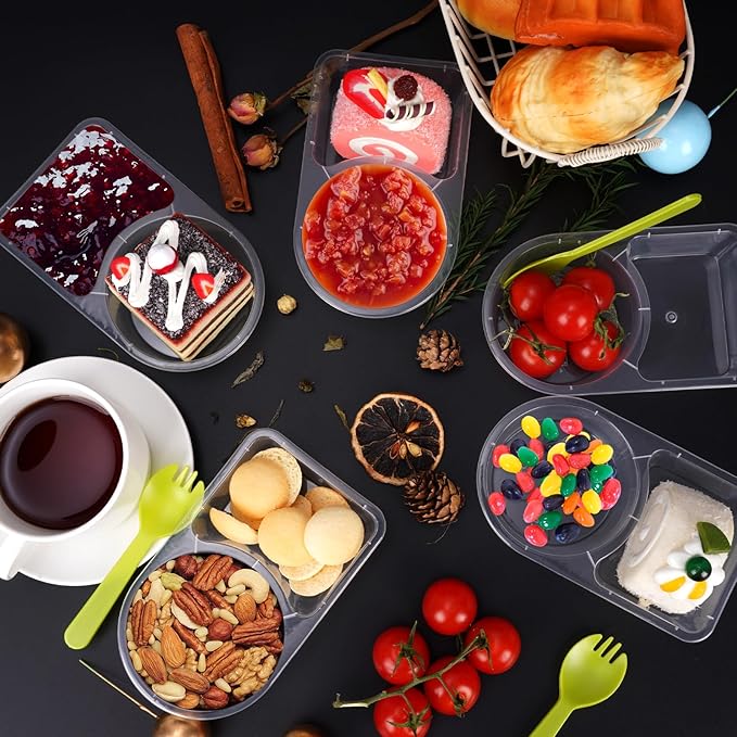 50 pcs Double Compartment Condiment Container, Reusable Snack Containers with Lids, Sauce Dipping Box with 50pcs Spoons, Snackle Box Container Used for Refrigeration, Portion Control, Dipping Sauce