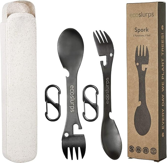 2 Spork Travel Cutlery Set - Stainless Steel Sporks with Eco-friendly Travel Case and Carry Clip - British Brand (2 Sporks)