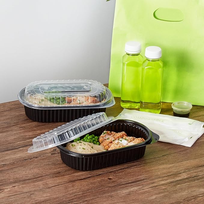 RW Base 32 Ounce Meal Prep Containers, 50 Microwavable To Go Containers With Lids - Disposable, Freezable, Black Plastic Oval Food Containers, Pack Hot And Cold Food, For Takeaway - Restaurantware