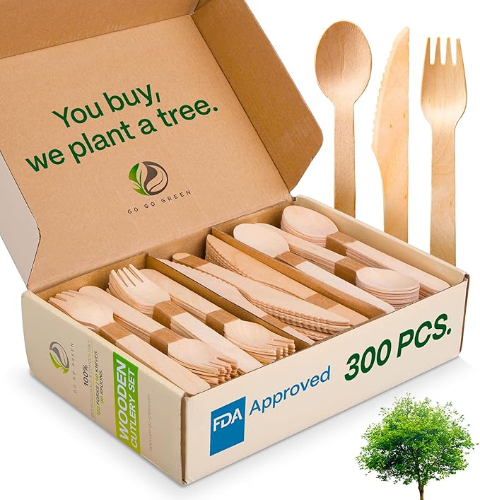 100% Compostable Cutlery Set - 300 Pieces Wooden Compostable Utensils [120 Forks, 90 Knives, 90 Spoons] - Disposable Wooden Cutlery, Eco Friendly Forks And Spoons Disposable Cutlery Set Party Utensils