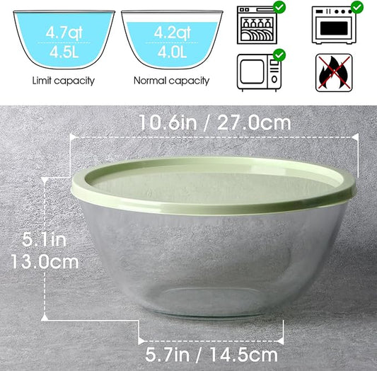 NUTRIUPS 4.7 Quart Large Glass Mixing Bowl with Lid, Deep Big Glass Bowl Large Salad Bowl