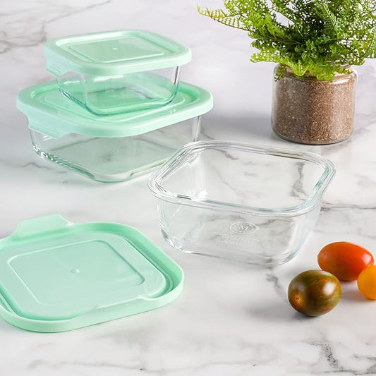 Martha Stewart Hadsell 6 Piece 27 oz, 17.6 oz, 10.8 oz Borosilicate Glass Square Storage Container Set w/PP Pop Martha Blue Lids