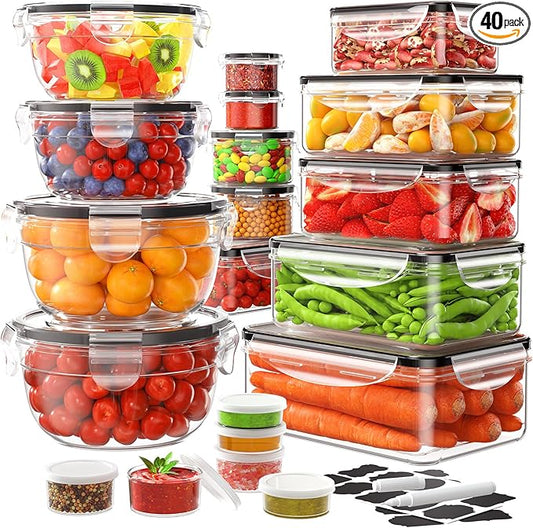 40-Piece Food Storage Containers with Lids(20 Containers & 20 Lids), Plastic Food Containers for Pantry & Kitchen Storage and Organization, BPA-Free, Leak Proof, Reusable with Labels & Pen