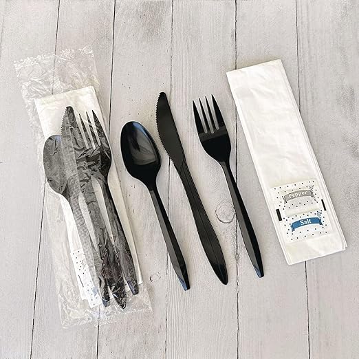 Boardwalk Disposable Plastic Cutlery Set, Six Piece Silverware Kit, Case of 250 Fork Knife Spoon Napkin Salt & Pepper, Polystyrene, Black, Individually Wrapped