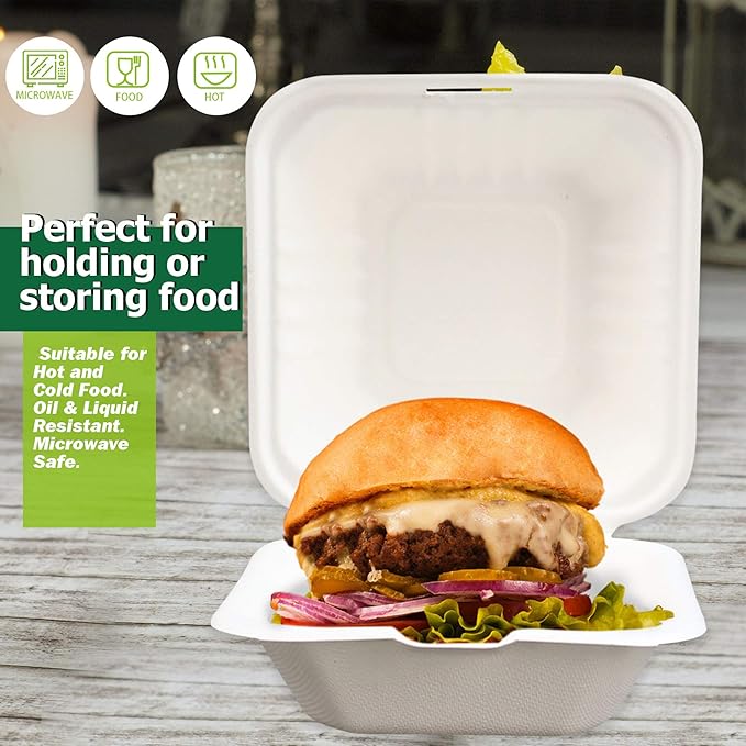 Green Earth 6-Inch, 100-Count, Compostable Clamshell, Natural Bagasse (Sugarcane Fiber), Take-Out/to-Go Food Boxes - Biodegradable Containers, Hinged Lid Microwave-Safe Gluten-Free Eco-Friendly