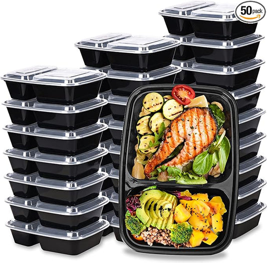 Moretoes 50 Pack 32oz Meal Prep Containers Reusable 2 Compartment Food Storage Containers with Lids Plastic Stackable To Go Boxes Microwave, Freezer, Dishwasher Safe