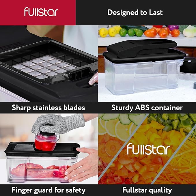 Fullstar All-in-1 Vegetable Chopper and Mandoline Slicer for Kitchen - Cheese Grater, French Fry Cutter, Cheese Slicer - Bonus Handheld Spiralizer Included (4 in 1, Black)