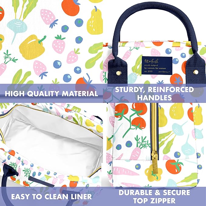 Fit & Fresh Lunch Bag For Women, Insulated Womens Lunch Bag For Work, Leakproof & Stain-Resistant Large Lunch Box For Women With Containers, Zipper Closure Bloomington Lunch Bag, Fruit Print
