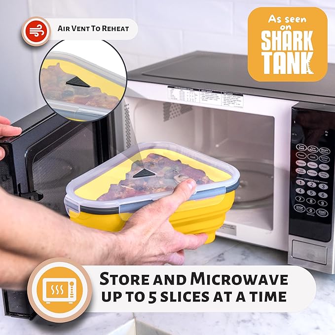 PIZZA PACK The Perfect Reusable Pizza Storage Container with 5 Microwavable Serving Trays - BPA-Free Adjustable Pizza Slice Container to Organize & Save Space, 4 Pack, Yellow