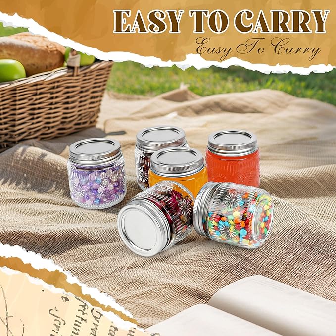 Mason Jars 8 oz - Small Glass Mason Jars with Silver Metal Lids, Regular Mouth Canning Jars, Safe For Storage, Canning, Pickling, Preserving, Fermenting, DIY Crafts & Decor (8Pack)