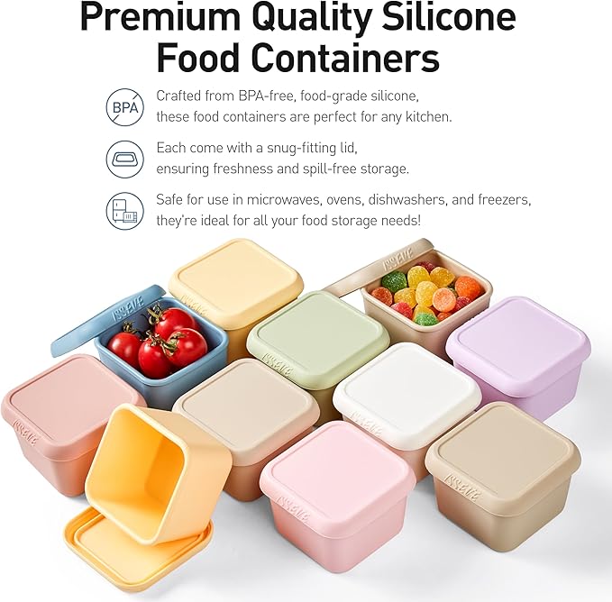 ISSEVE 8Pack 6oz Silicone Snack Containers for Kids, Reusable Small Containers with Lids, Leak Proof Silicone Food Storage Containers, Stackable Kids Lunch Box for Daycare, School, Travel