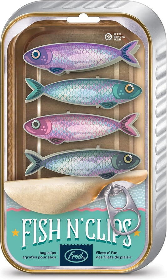 Genuine Fred FISH 'N CLIPS Sardine Bag Clips, Set of 4 Food Storage Clips, Iridescent Finish, Double-Sided, Durable Plastic and Stainless Steel Springs, Fun Kitchen Accessories and Great Gift
