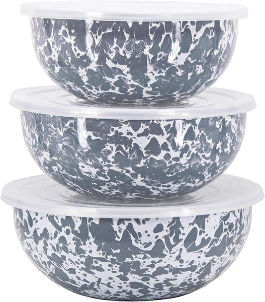 Golden Rabbit Enamelware - Set of 3 - Mixing Bowls (Grey Swirl)