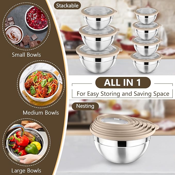 P&P CHEF Mixing Bowl with Lid Set, Stainless Steel Nesting Salad Bowls for Cooking Serving Prepping, Clear Lids & Stackable Design, Size 4.6, 3.5, 3, 2, 1.5, 1, 0.7 Qt - Khaki, Set of 7
