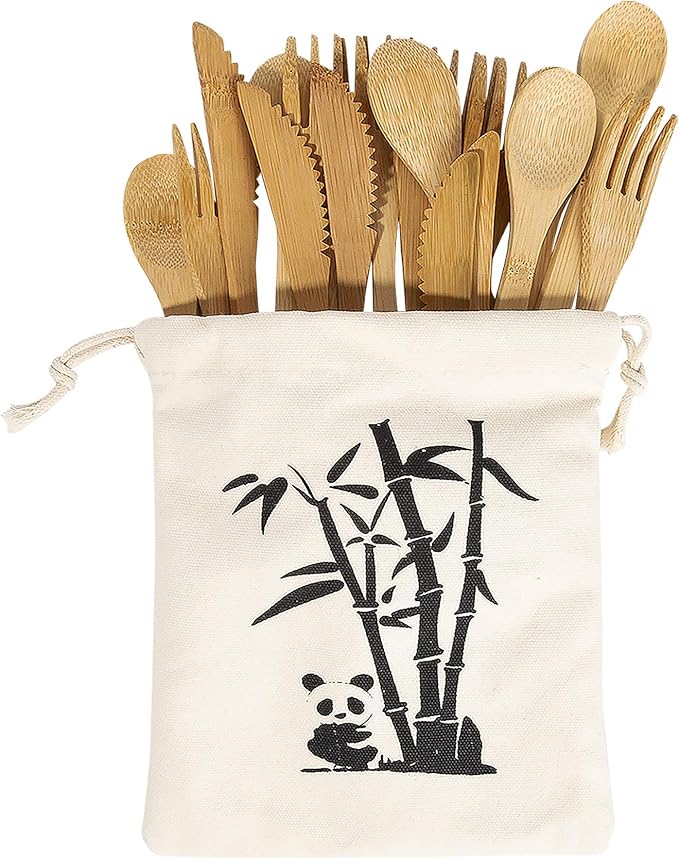 Bamboo Cutlery Set -30 PCS Reusable Bamboo Utensil Fork Knife Spoon-Bamboo Flatware Sets for Camping, Travel, Picnic, Office, School,Bamboo Silverware Set with Pouch Bag