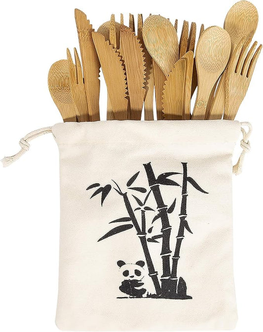Bamboo Cutlery Set -30 PCS Reusable Bamboo Utensil Fork Knife Spoon-Bamboo Flatware Sets for Camping, Travel, Picnic, Office, School,Bamboo Silverware Set with Pouch Bag