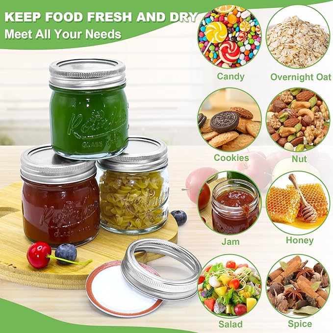 24 Pack 8 oz Mason Jars with Airtight Lids and Bands, Mini Glass Canning Jar for Food Storage Pickling, Regular Half Pint Jar for Kitchen Spice, Jam, Jelly, Overnight Oats, Baby Foods
