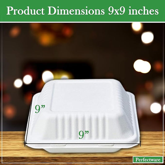 100% Compostable 3 Comp Take Out Food Containers 9x9. 25 Containers, Natural Disposable Bagasse, Eco-Friendly Biodegradable Made of Sugar Cane, Green (PW3comptbagasse-25ct)