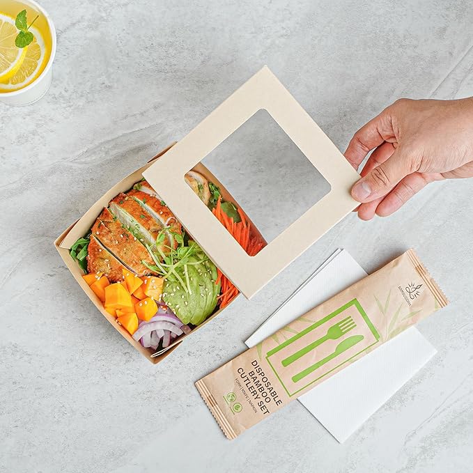 Restaurantware-27 Ounce Sturdy Paper Take Out Boxes, 200 Disposable Take Out Food Containers - With PLA lining, Paper Lid With Clear PLA Window, Bamboo Paper Containers, Compostable, Greaseproof