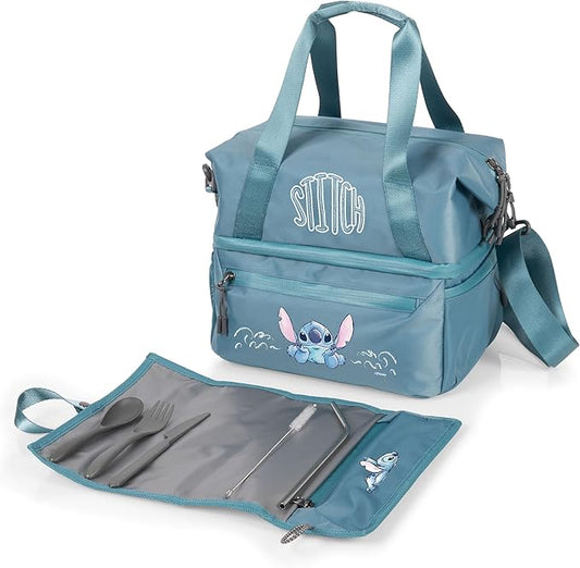 PICNIC TIME Disney Lilo & Stitch Tarana Insulated Lunch Bag Made from Recycled Material, Lunch Box with Picnic Set, Upcycled Lunch Cooler Bag, (Aurora Blue)